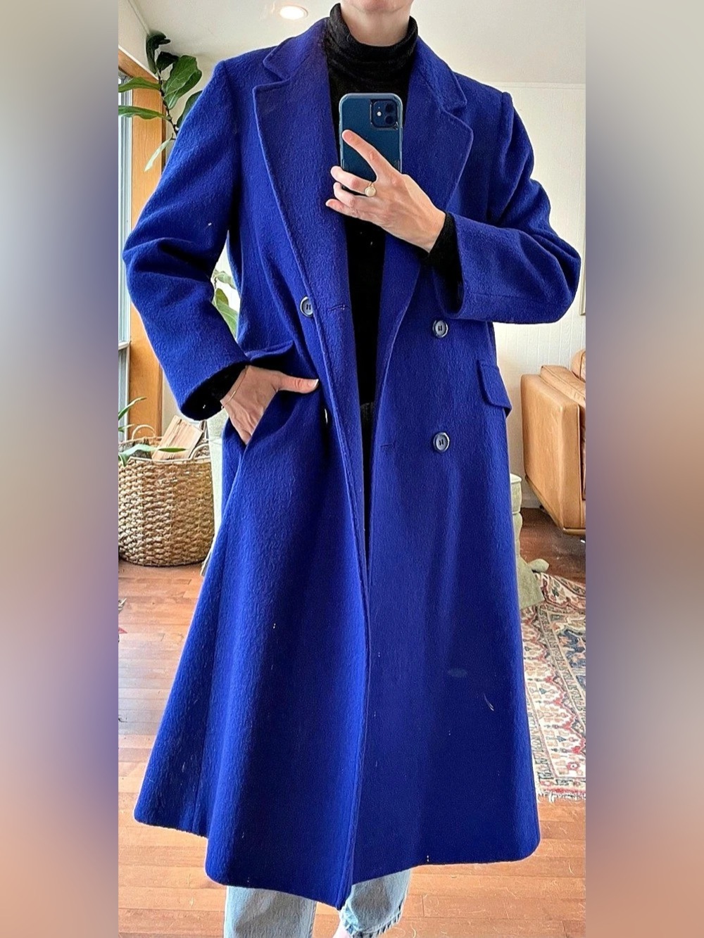 Vtg Mallerette Cobalt Blue Wool Statement Coat - Picture 6 of 17